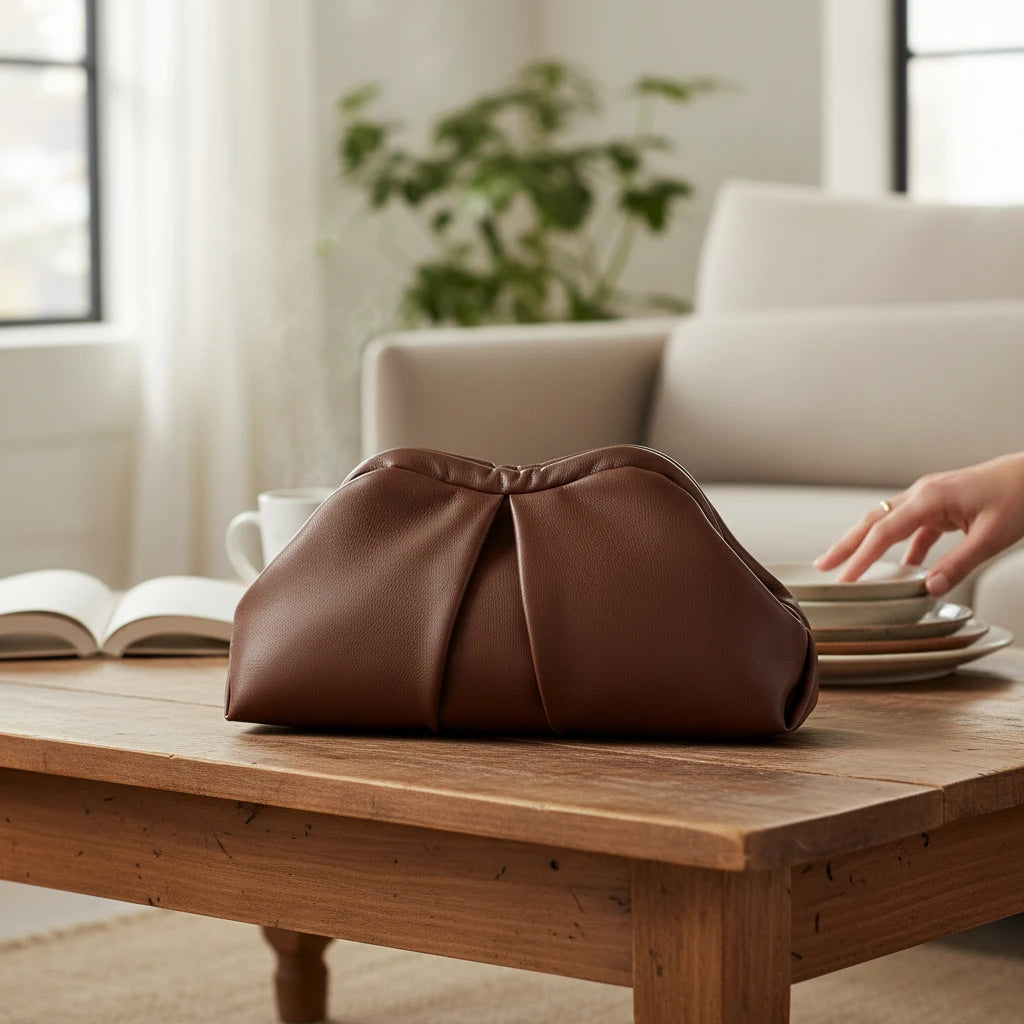 VALENORA Colette clutch bag in brown vegan leather with a soft pleated design sitting on a wooden table.