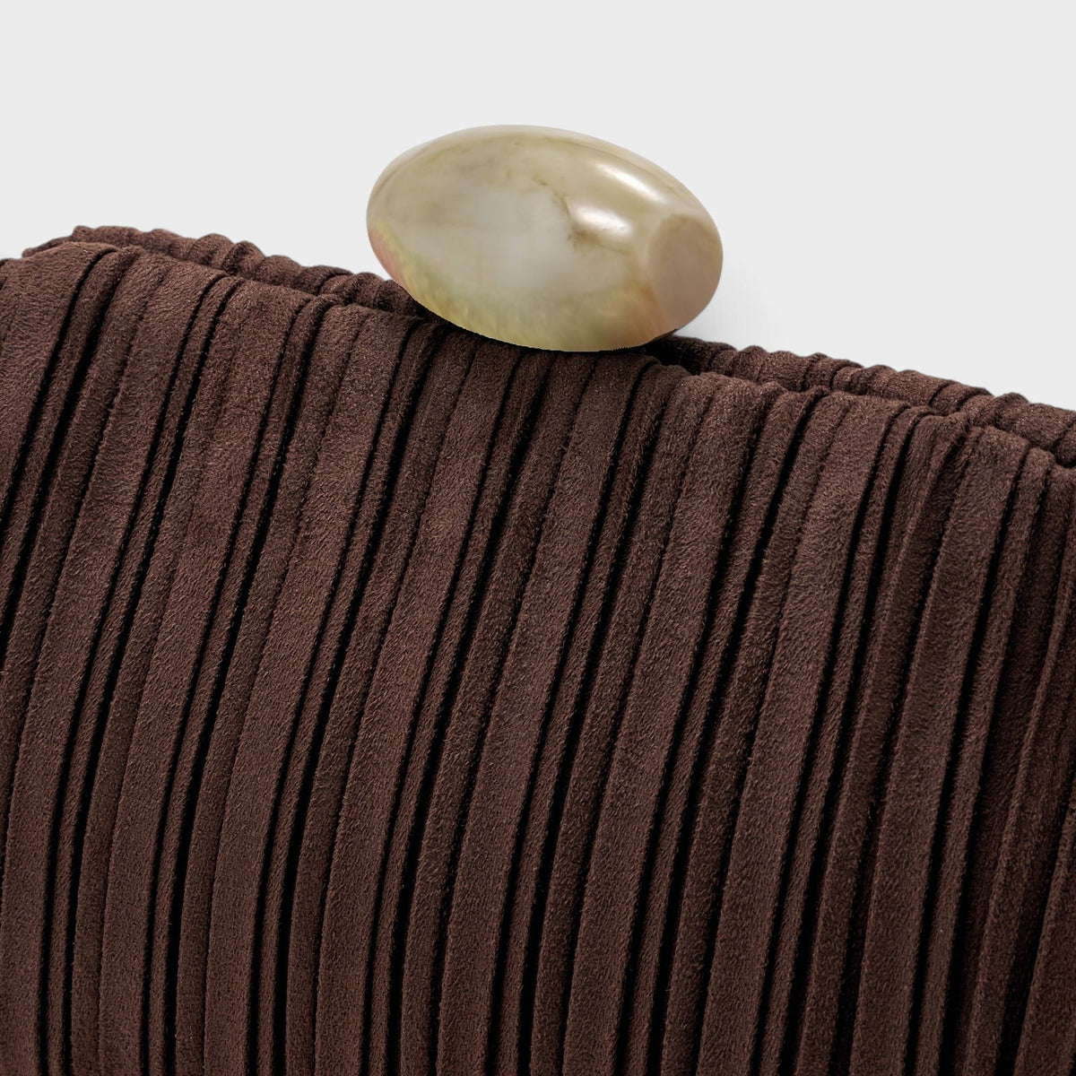 VALENORA Liora brown pleated suede clutch bag with a smooth oval stone-like clasp detail