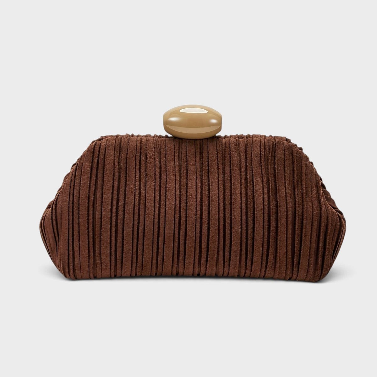 VALENORA Liora clutch bag in pleated brown suede with a smooth oval clasp closure