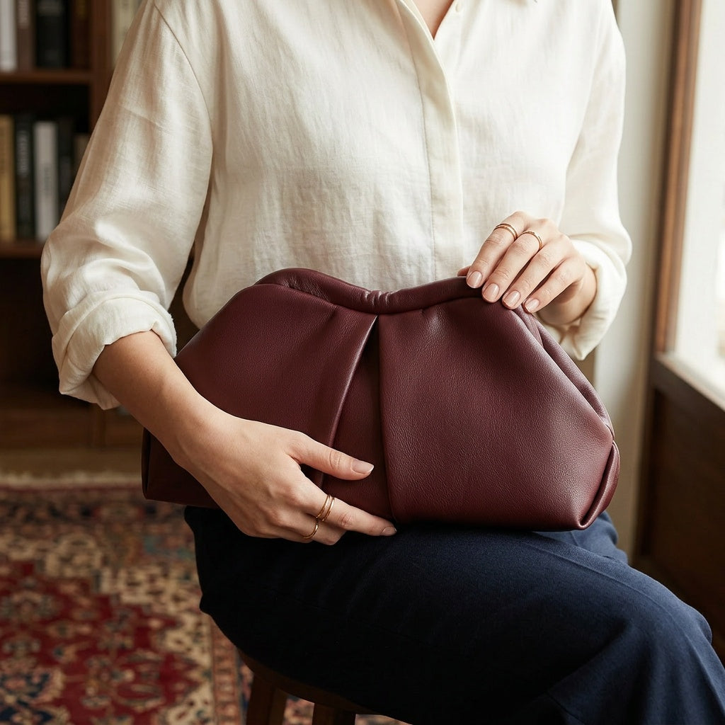 VALENORA Colette clutch bag in deep burgundy vegan leather with a soft pleated design held by a woman