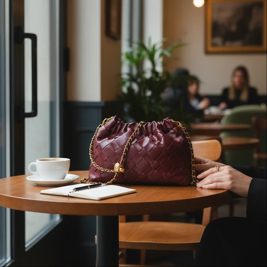 VALENORA Adele woven burgundy leather shoulder bag with gold chain strap on a cafe table