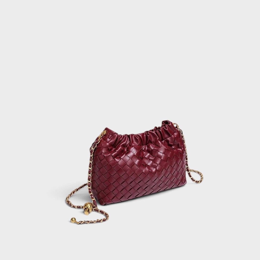 VALENORA Adele burgundy woven leather shoulder bag with a gathered top and gold-tone chain strap