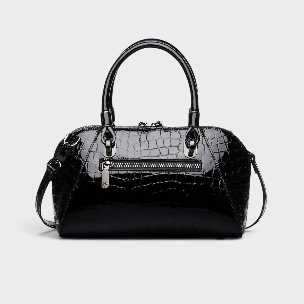 VALENORA Celeste black croc-embossed leather handbag with polished hardware and structured top handle design.