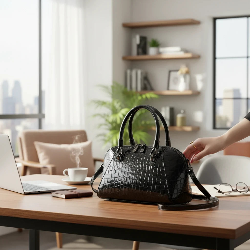 VALENORA Celeste black croc-embossed leather handbag with polished hardware sitting on a wooden office desk.