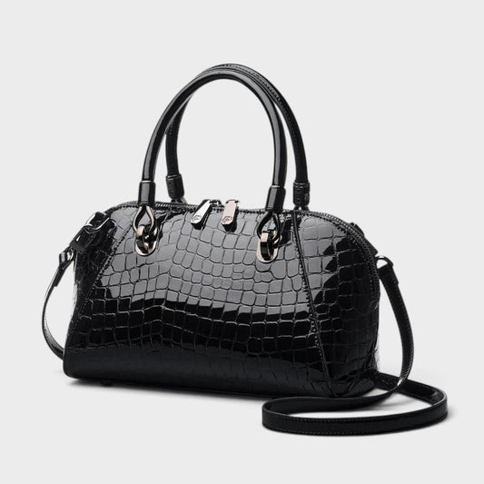 VALENORA Celeste black croc-embossed leather handbag with polished hardware and structured top handle design.