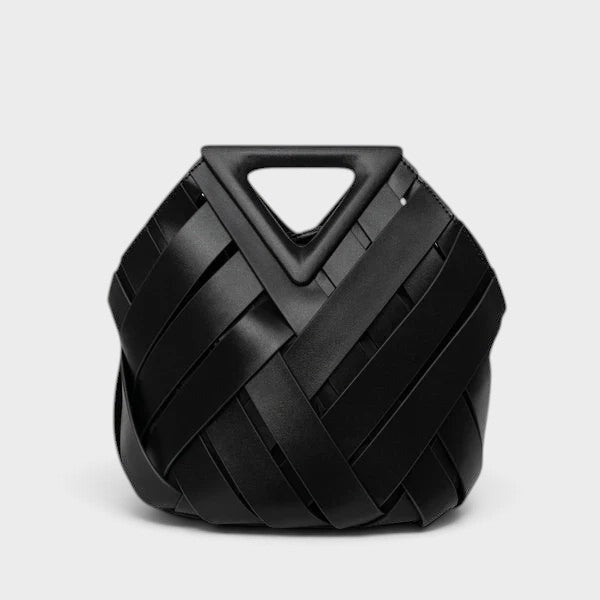 VALENORA Celia black woven leather handbag with a geometric silhouette and structured triangular handle
