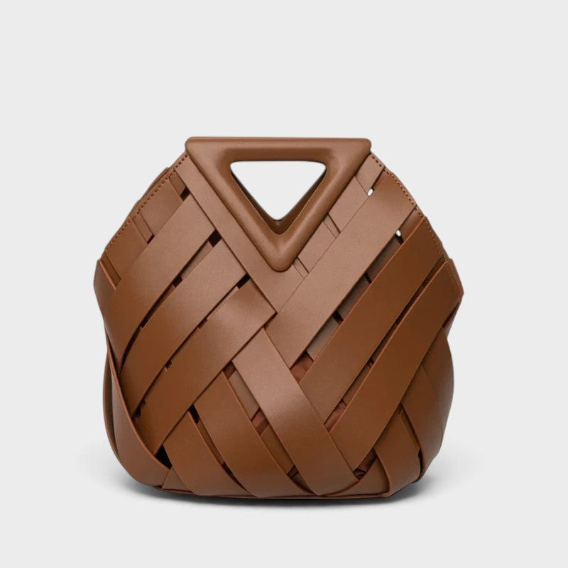 VALENORA Celia brown woven leather handbag with a geometric silhouette and triangular top handle