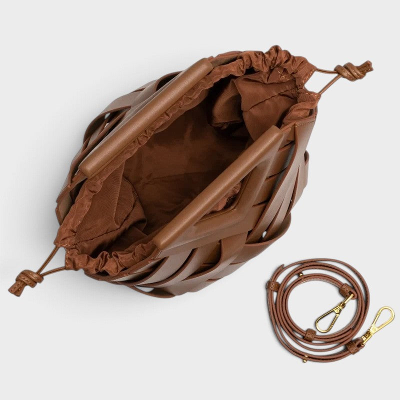 VALENORA Celia brown woven leather handbag with a drawstring closure and detachable shoulder strap