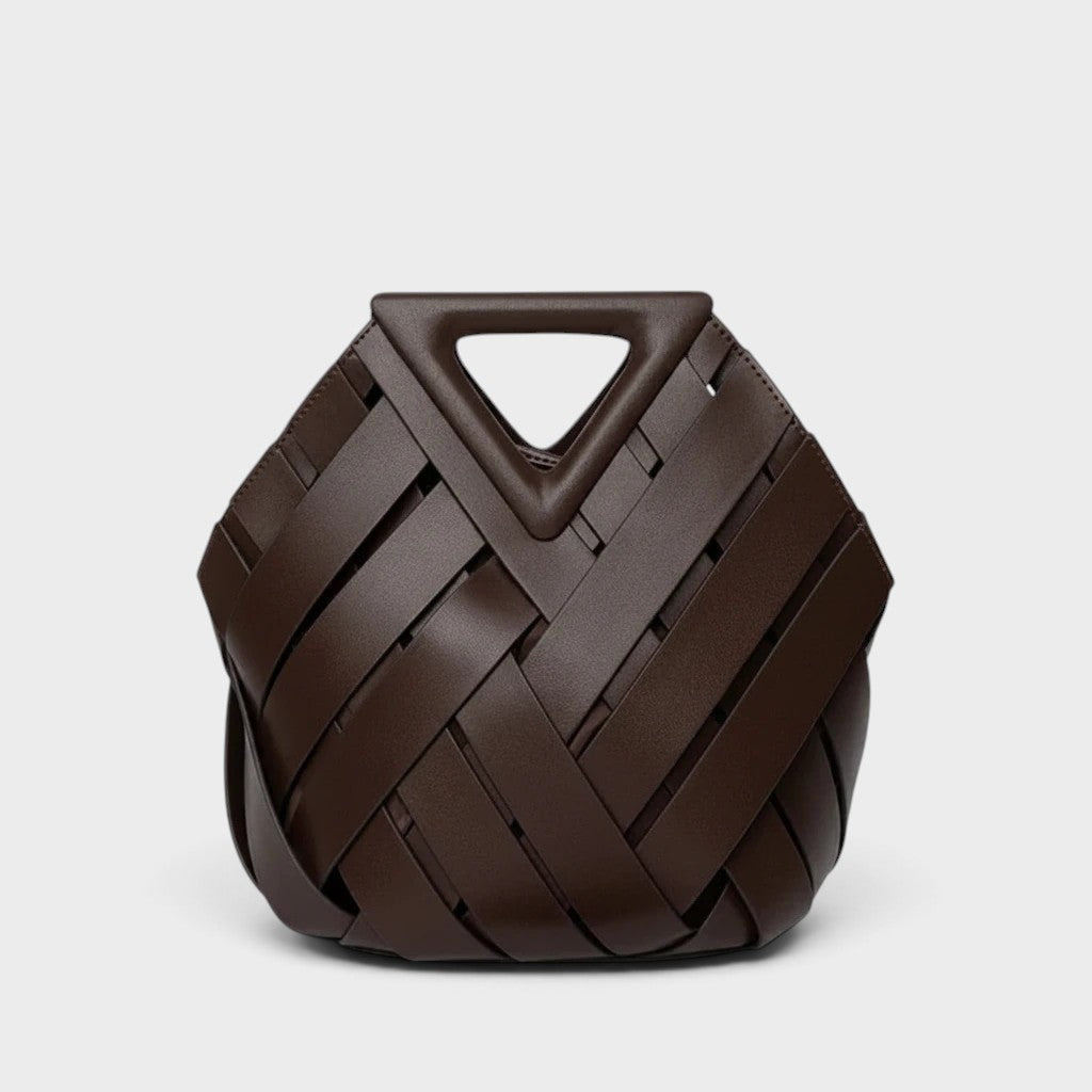 VALENORA Celia handbag in dark brown woven leather with a unique geometric silhouette and integrated top handle.