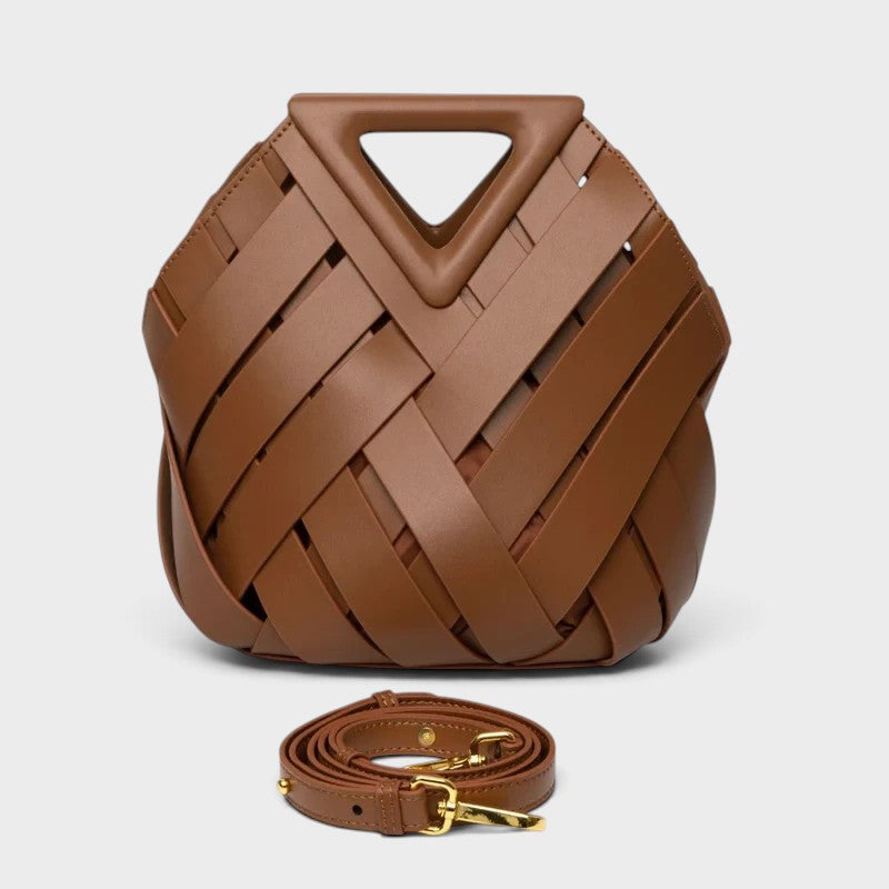 VALENORA Celia handbag in brown woven leather with a geometric silhouette and detachable shoulder strap