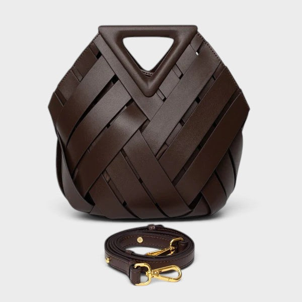VALENORA Celia handbag in dark brown woven leather with a geometric silhouette and detachable shoulder strap