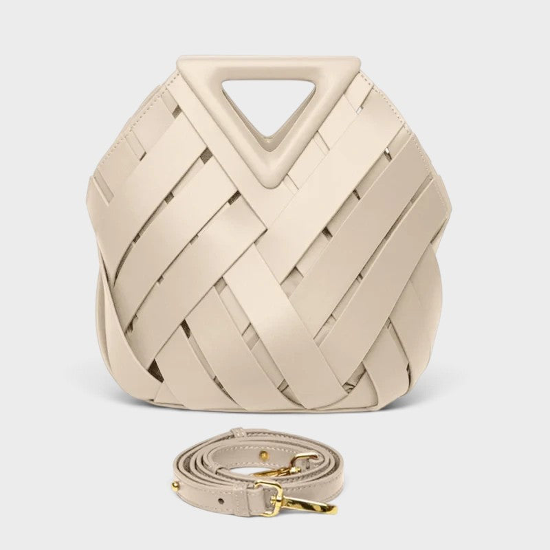 VALENORA Celia handbag in cream woven leather with a geometric triangular handle and detachable shoulder strap