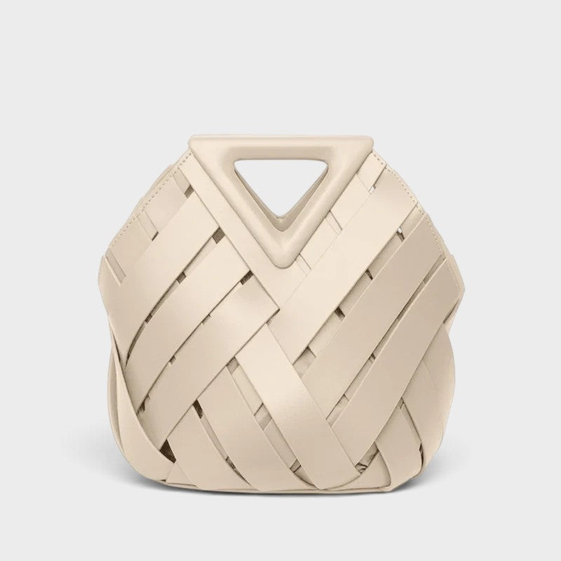 VALENORA Celia handbag in cream woven leather with a geometric triangular handle and structured silhouette.