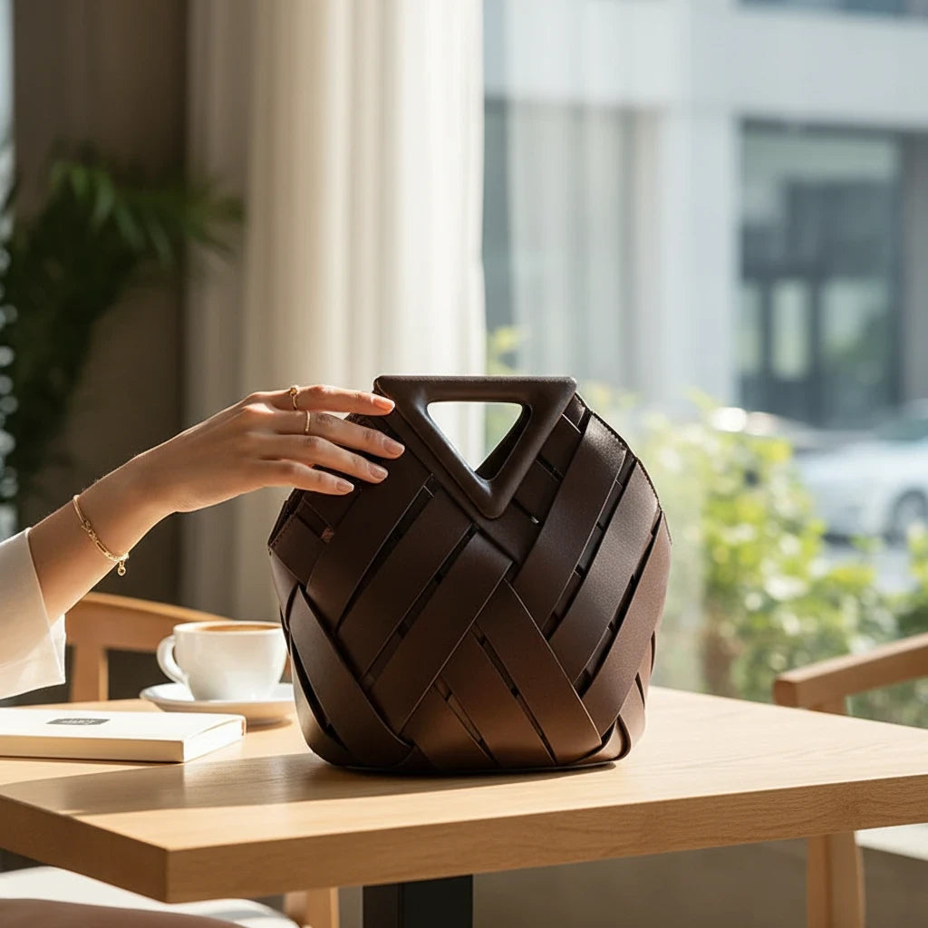 VALENORA Celia handbag in dark brown woven leather with a unique geometric triangular handle on a wooden table.