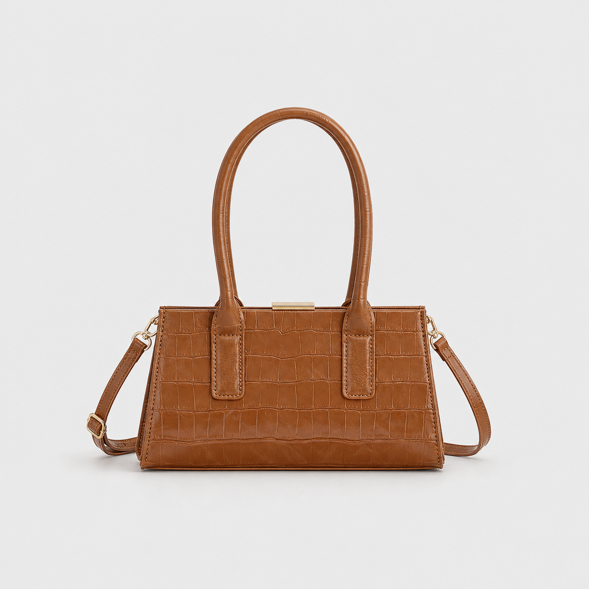 VALENORA Cerise brown vegan leather shoulder bag with a structured boxy shape and croc-embossed texture