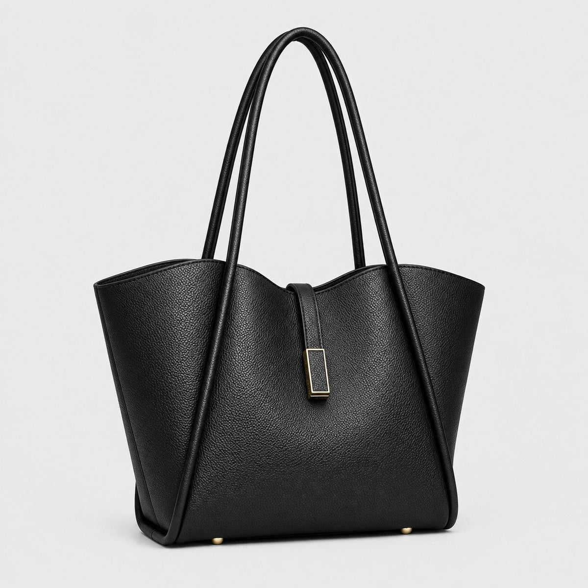 VALENORA Charlotte black vegan leather tote bag with litchi-grain texture, curved top, and gold hardware detail.