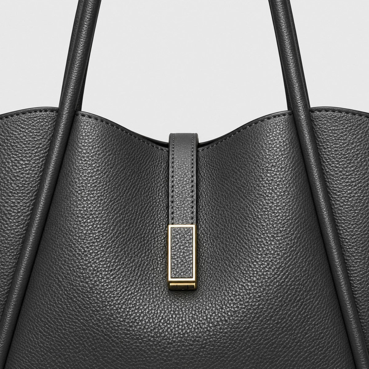 VALENORA Charlotte black vegan leather tote bag with litchi-grain texture and gold rectangular hardware detail