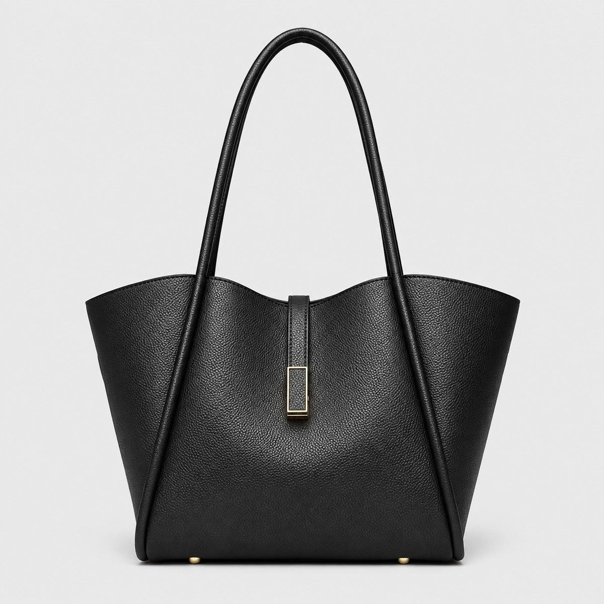 VALENORA Charlotte black vegan leather tote bag with litchi-grain texture, curved top edge, and gold hardware tab.