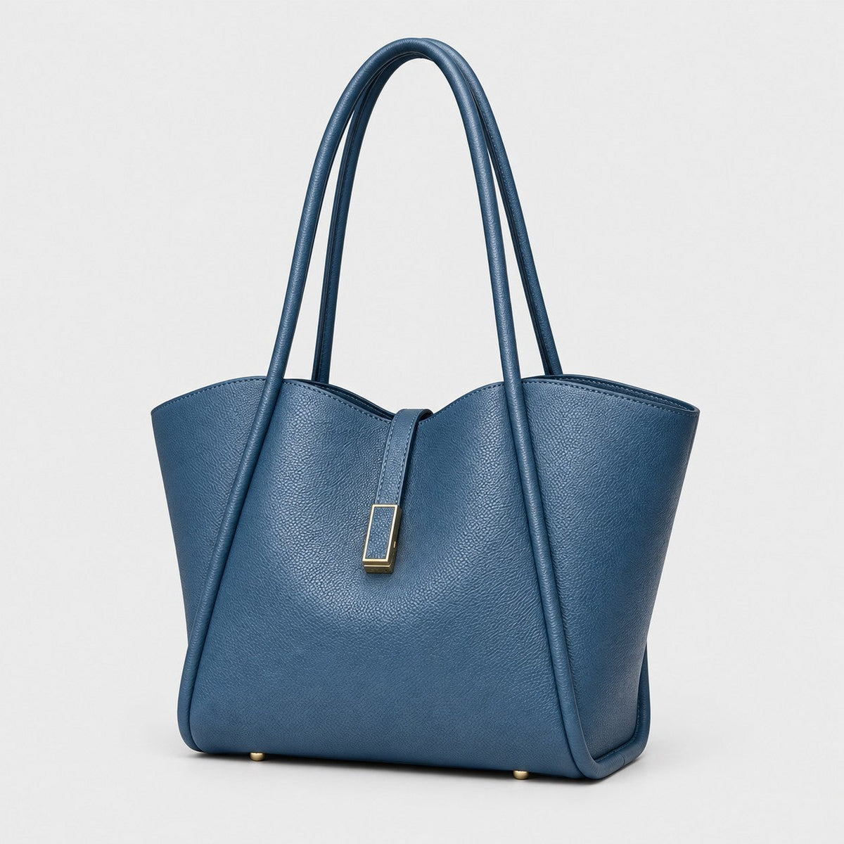 VALENORA Charlotte tote bag in blue litchi-grain vegan leather with tall handles and gold hardware tab.