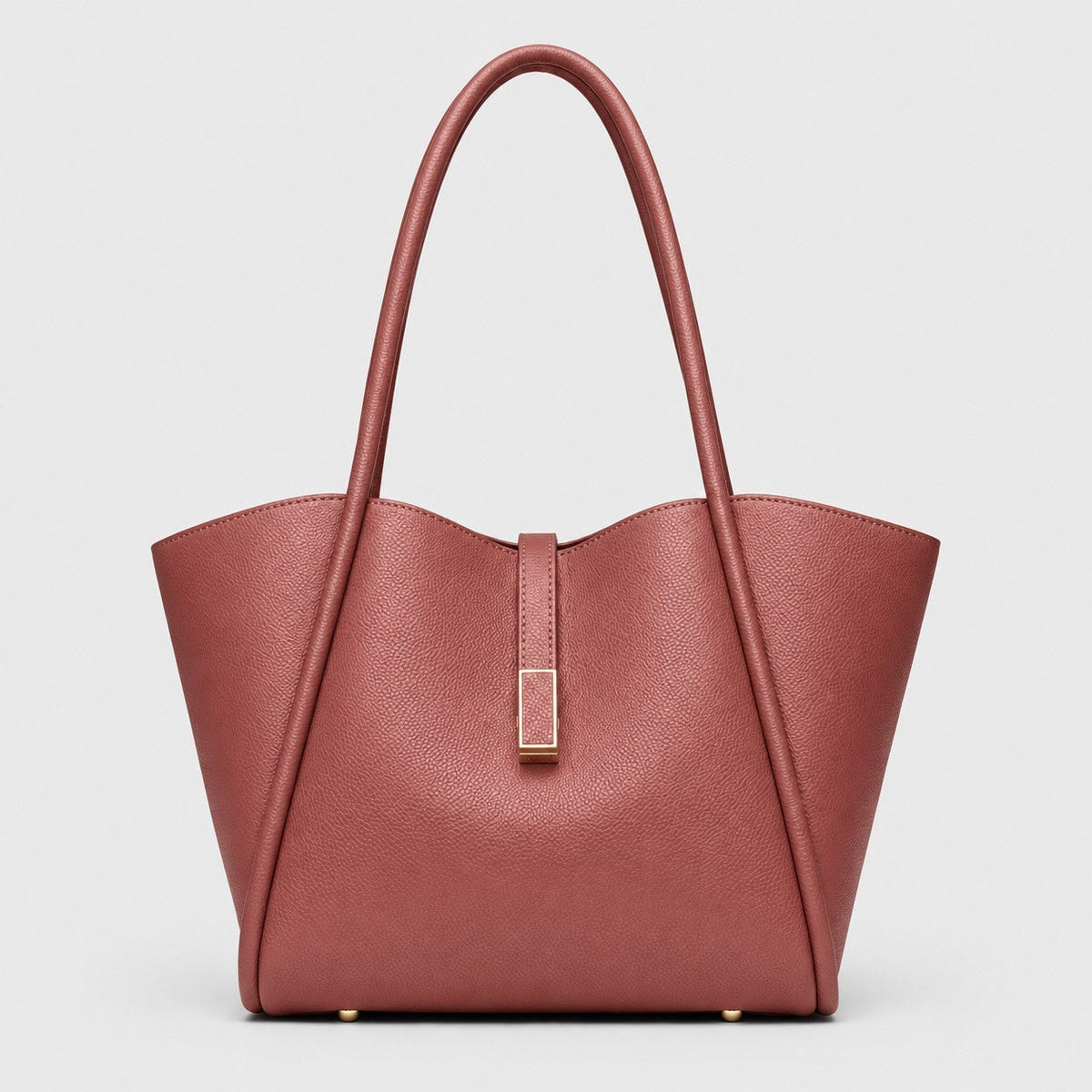 VALENORA Charlotte tote bag in dusty rose vegan leather with a litchi-grain texture and gold hardware tab.
