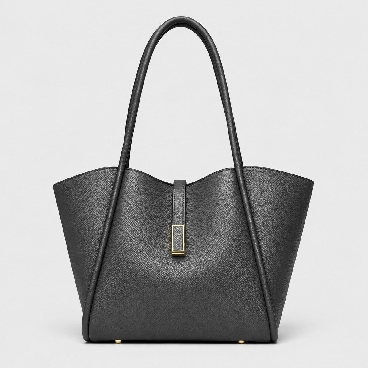 VALENORA Charlotte tote bag in charcoal grey litchi-grain vegan leather with a curved top and gold hardware tab.