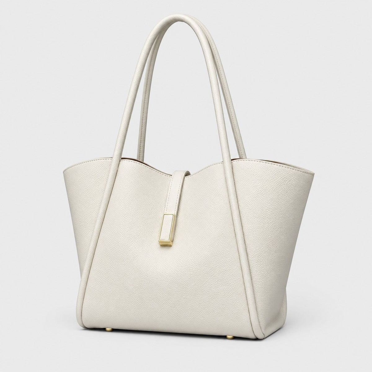 VALENORA Charlotte tote bag in off-white litchi-grain vegan leather with a curved top and gold hardware tab.