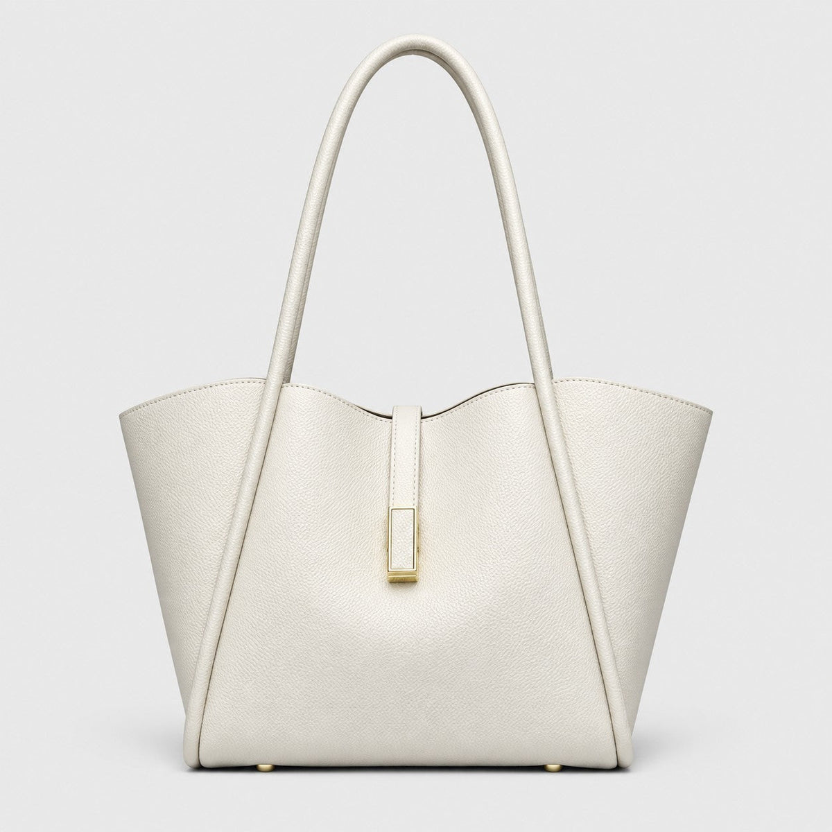 VALENORA Charlotte tote bag in off-white litchi-grain vegan leather with a curved top and gold hardware tab.