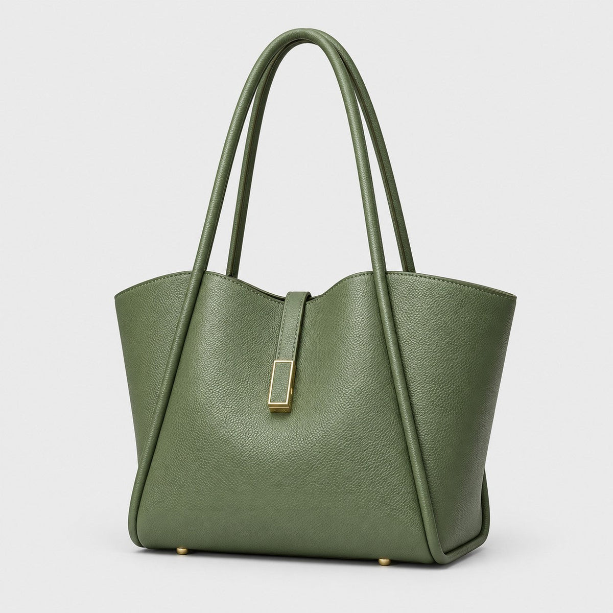 VALENORA Charlotte tote bag in olive green litchi-grain vegan leather with tall handles and gold hardware detail.
