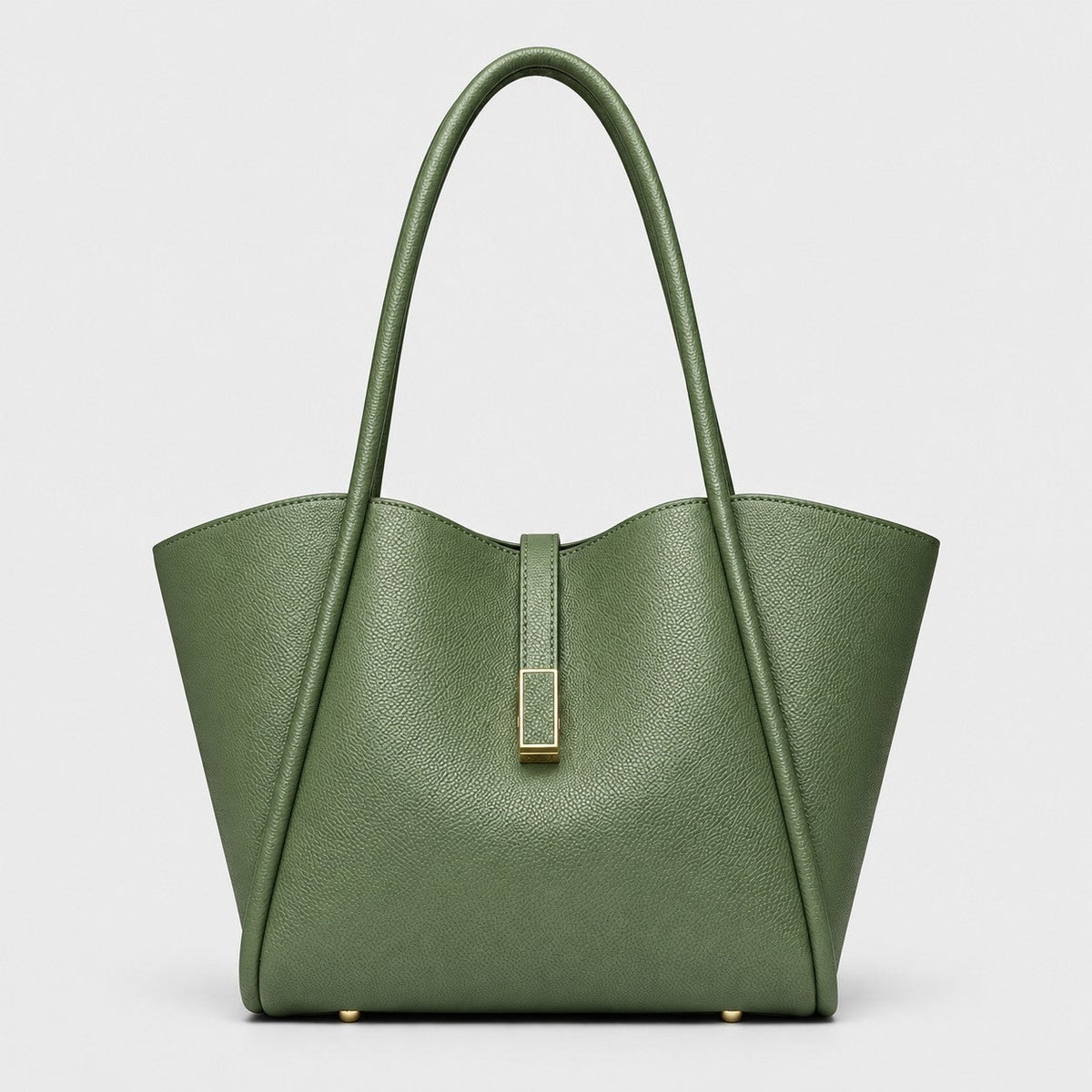 VALENORA Charlotte tote bag in olive green litchi-grain vegan leather with curved top and gold hardware tab