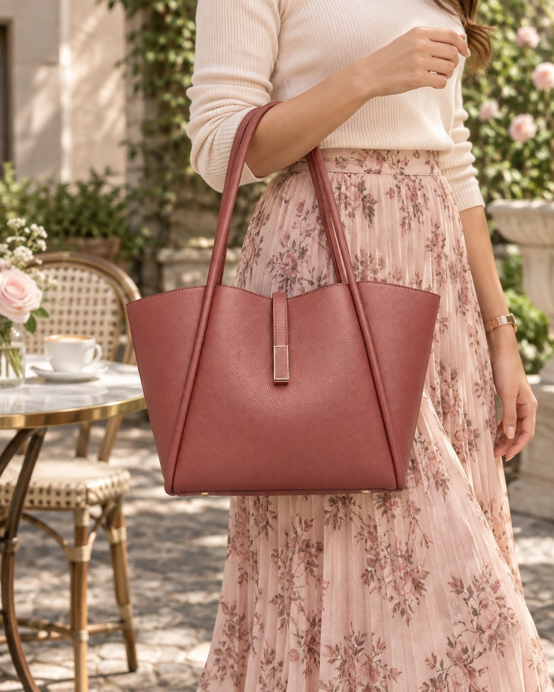 VALENORA Charlotte tote bag in dusty rose vegan leather with litchi-grain texture and rectangular hardware detail.