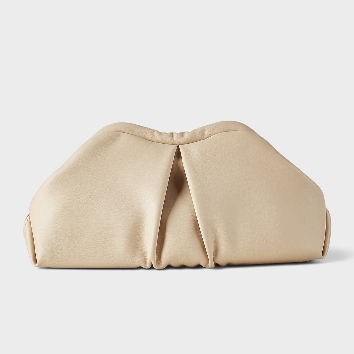 VALENORA Colette clutch bag in beige vegan leather with a soft pleated cloud-like silhouette for evening wear.