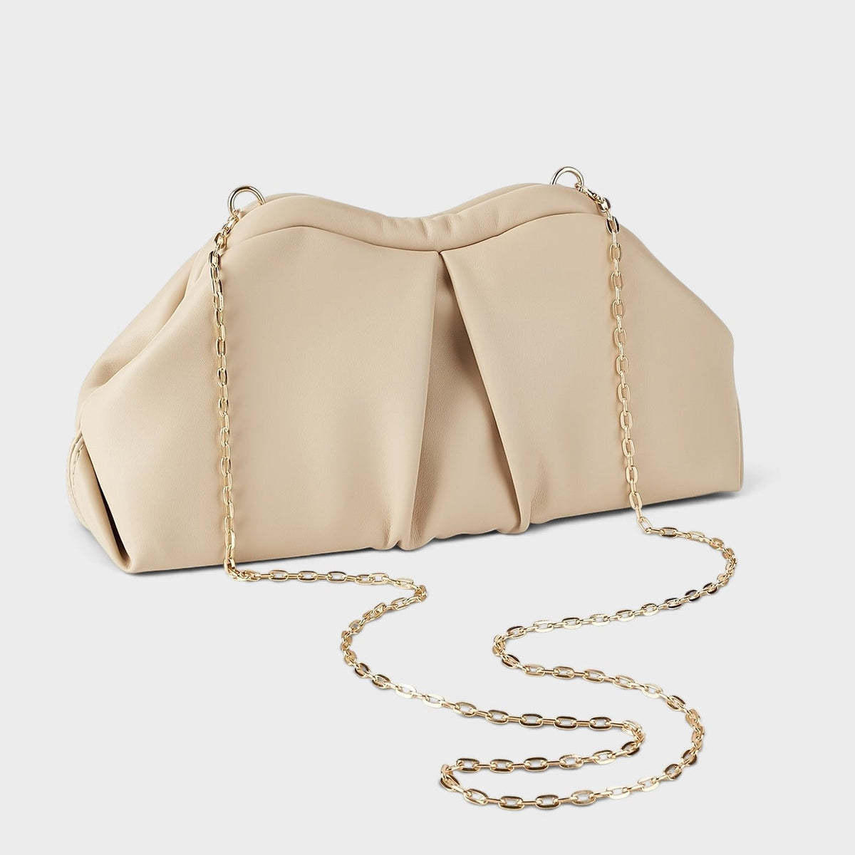 VALENORA Colette clutch bag in beige vegan leather with a soft pleated design and a detachable gold-tone chain strap.