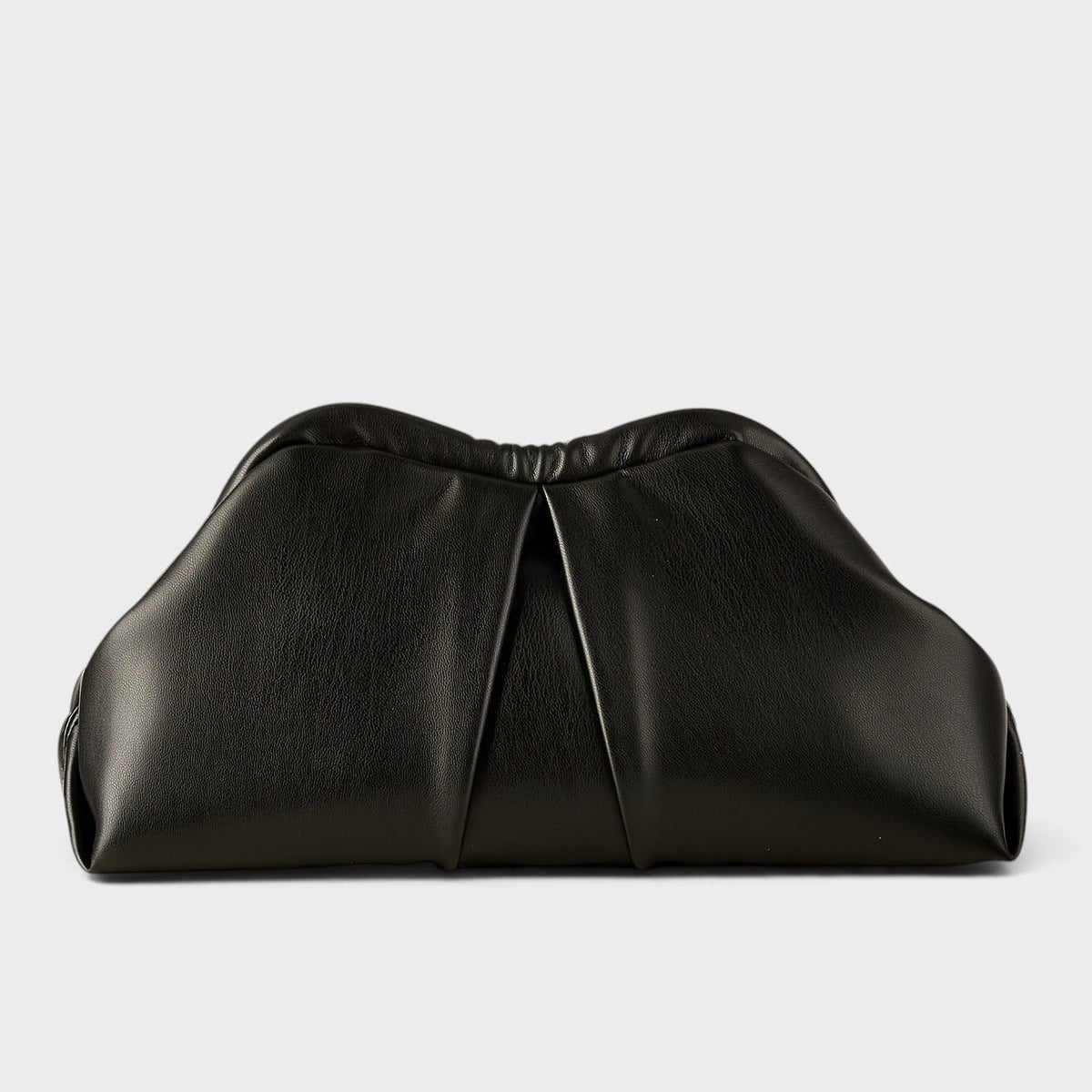 VALENORA Colette black vegan leather pouch clutch with elegant pleated detailing and a soft slouchy silhouette.