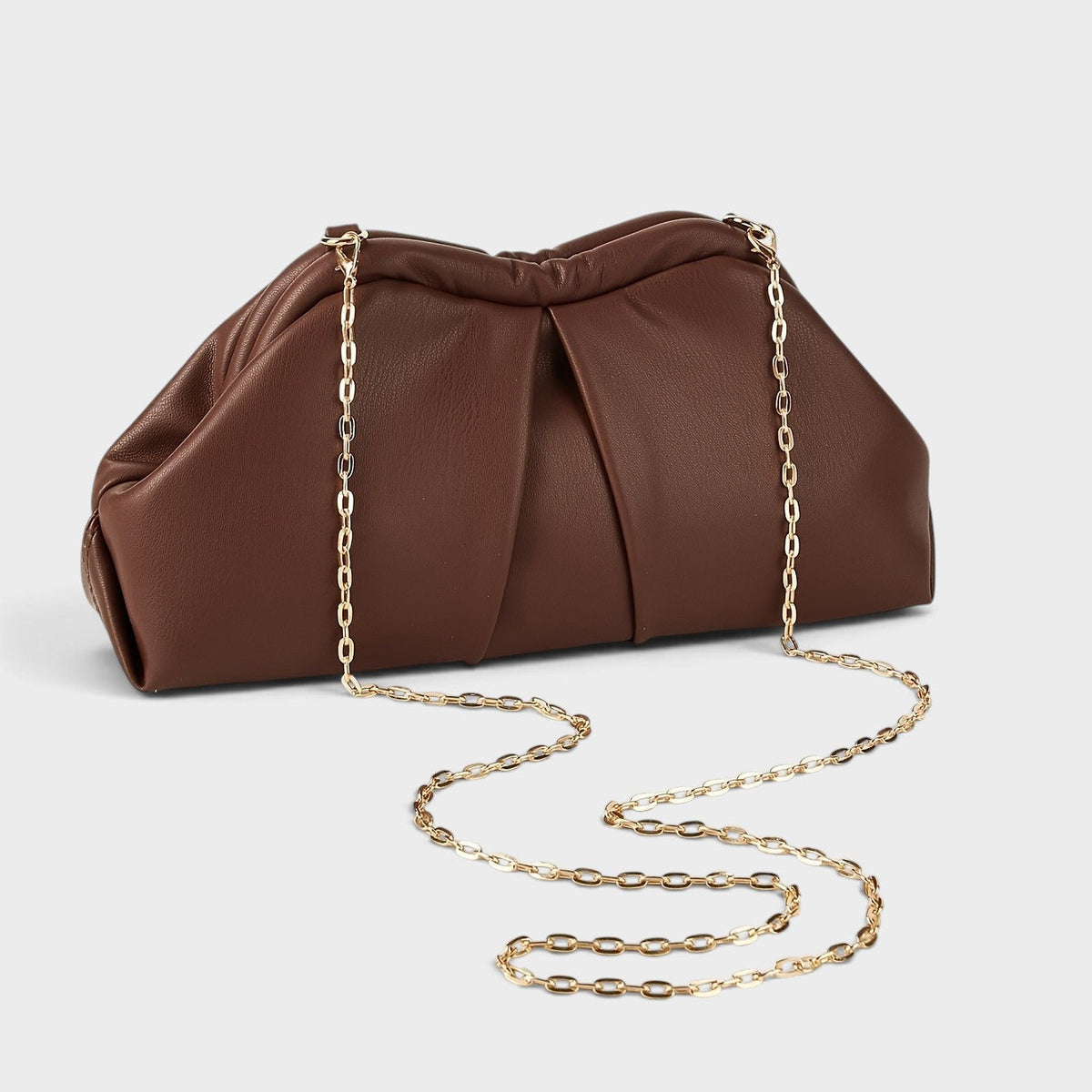 VALENORA Colette clutch bag in dark brown vegan leather with a pleated design and detachable gold-tone chain strap.