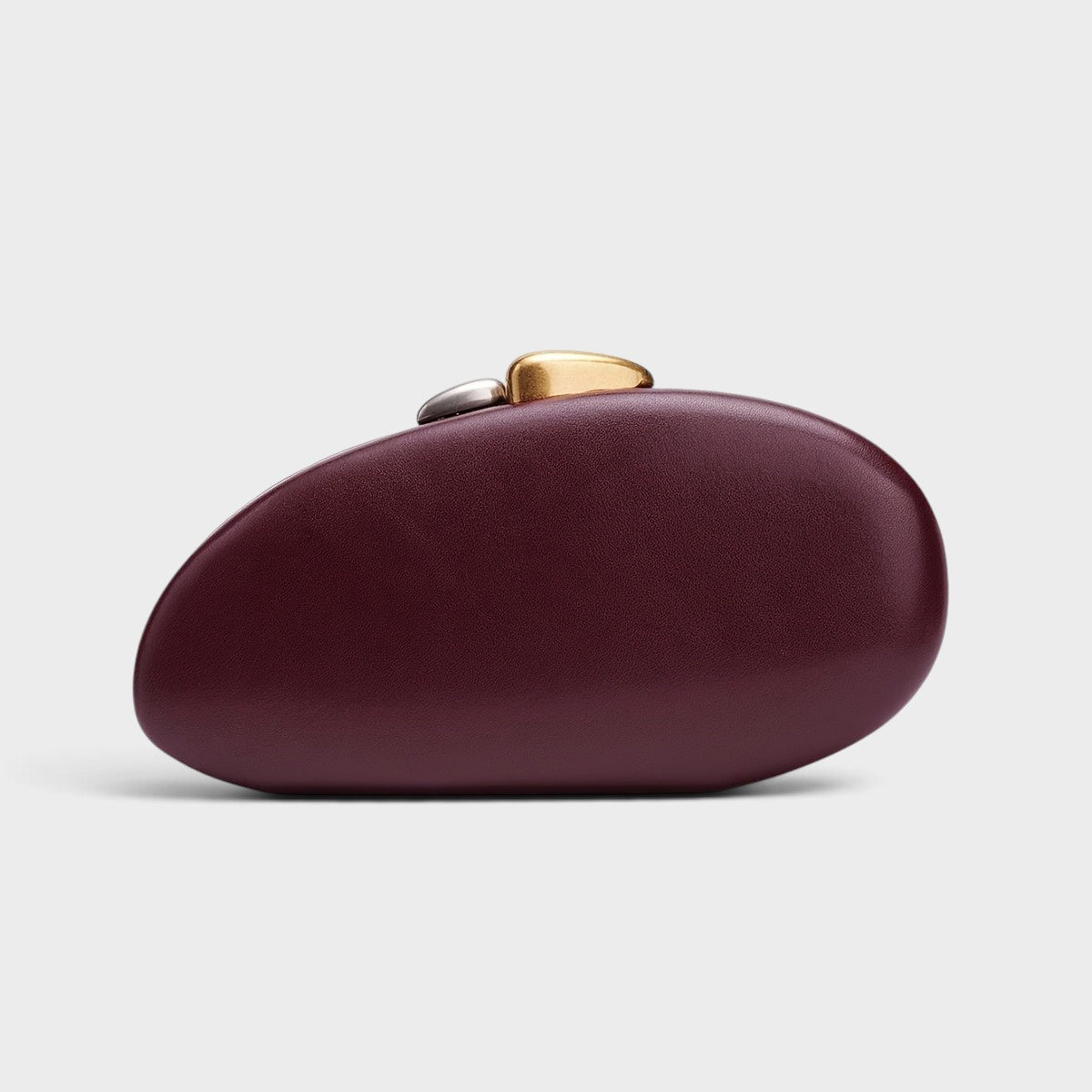 VALENORA Cosette burgundy vegan leather clutch with a unique two-tone gold and silver rounded clasp