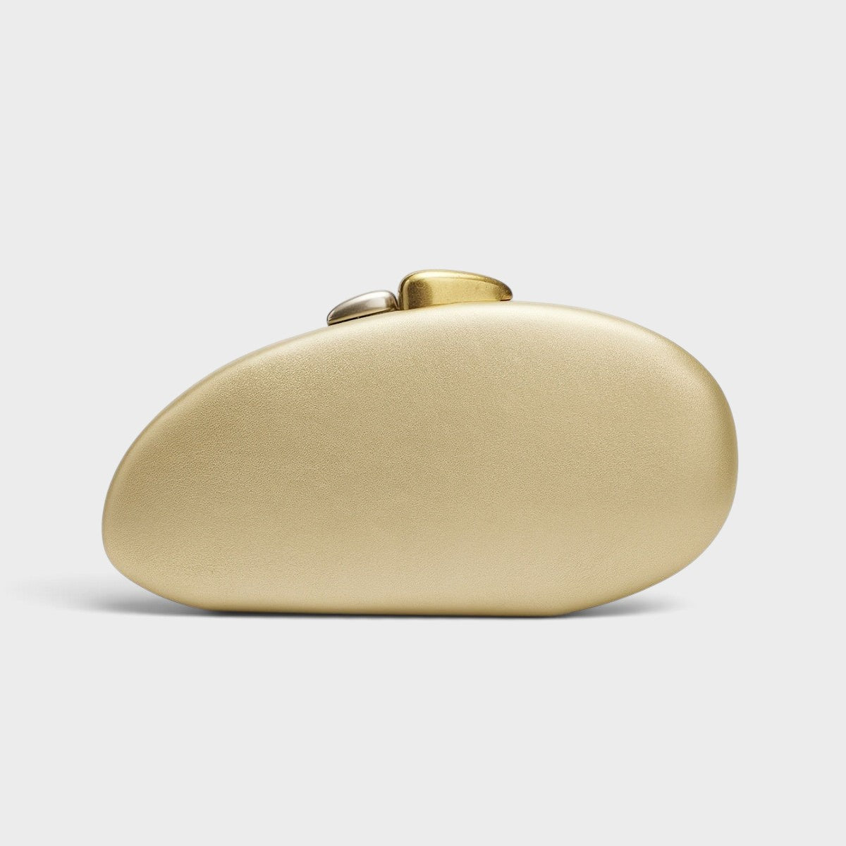 VALENORA Cosette clutch bag in gold vegan leather with a unique two-tone gold and silver pebble-shaped clasp