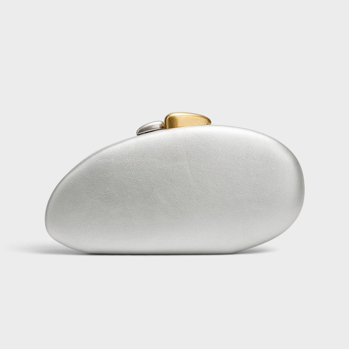 VALENORA Cosette silver vegan leather clutch with a unique two-tone gold and silver rounded clasp