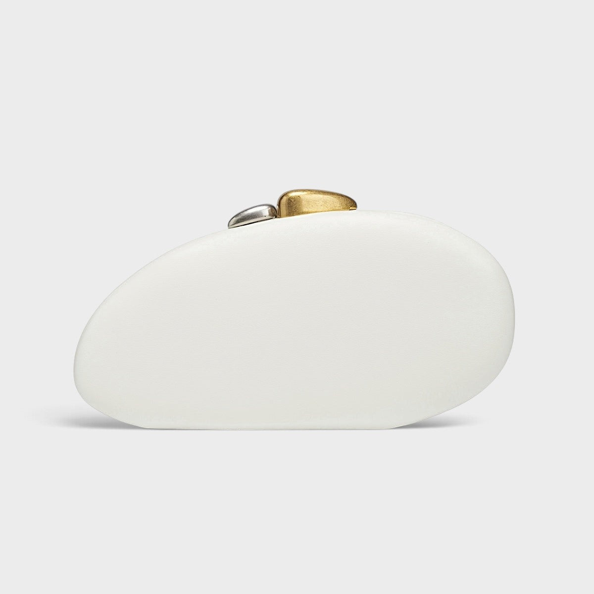 VALENORA Cosette white vegan leather clutch with a unique rounded shape and two-tone gold and silver metal clasp.