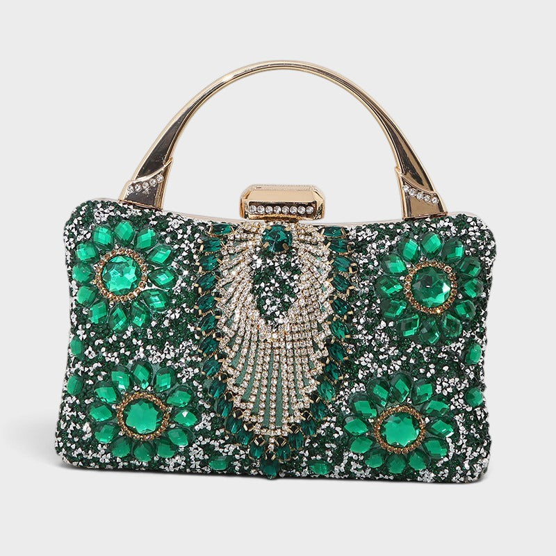 VALENORA Elara emerald green crystal and gemstone embellished formal clutch bag with a gold metal handle