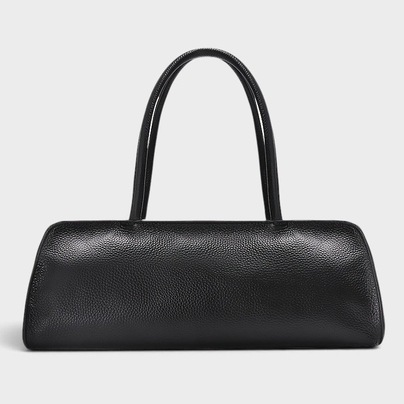 VALENORA Elsbeth black cowhide genuine leather handbag with a long rectangular shape and fixed shoulder straps.