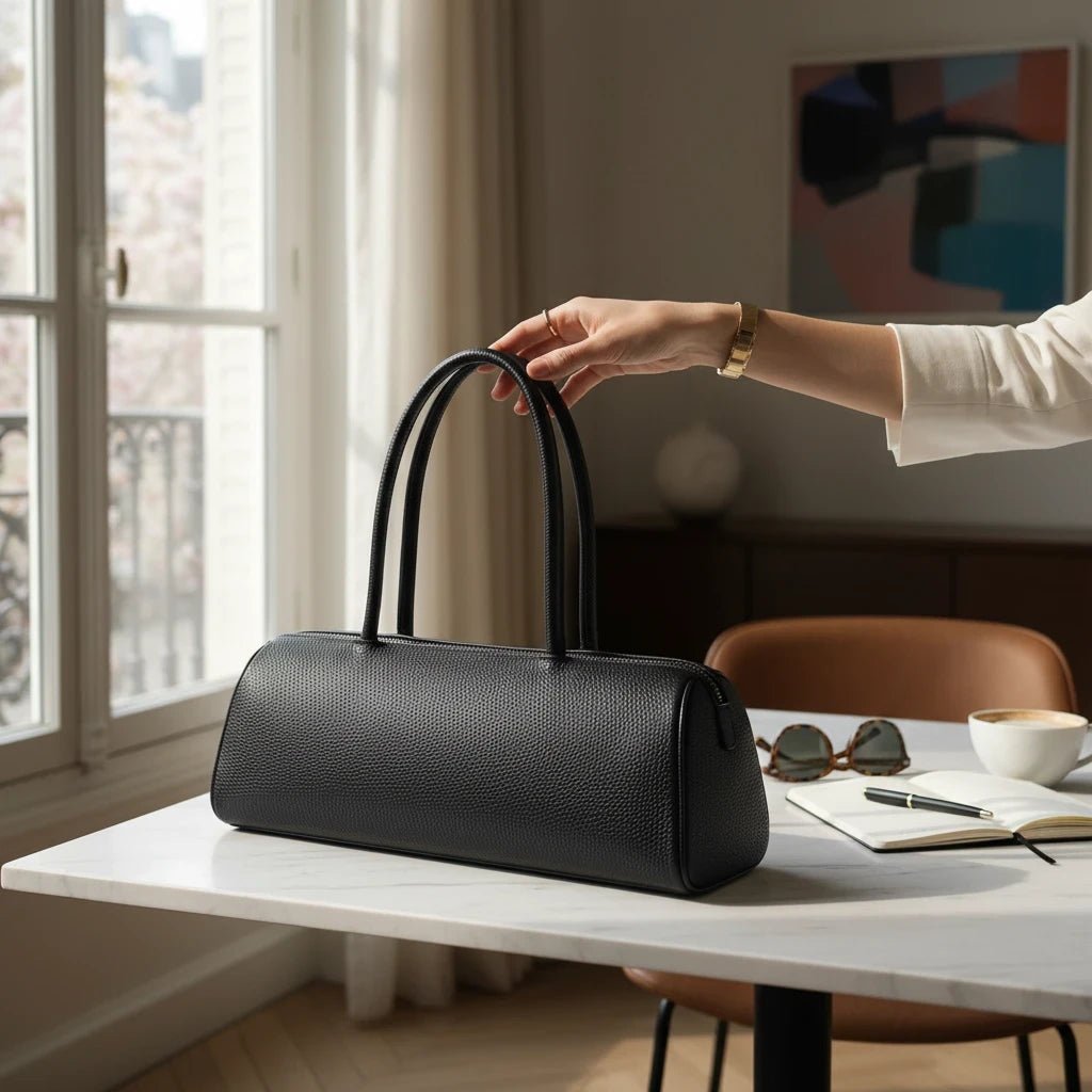 VALENORA Elsbeth black cowhide leather handbag with fixed shoulder straps held on a marble table in a bright room.