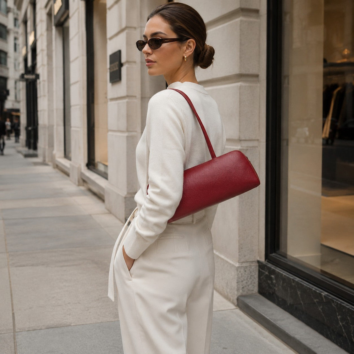 VALENORA Elsbeth handbag in burgundy cowhide leather with a sleek shoulder strap, worn by a woman in a city setting.