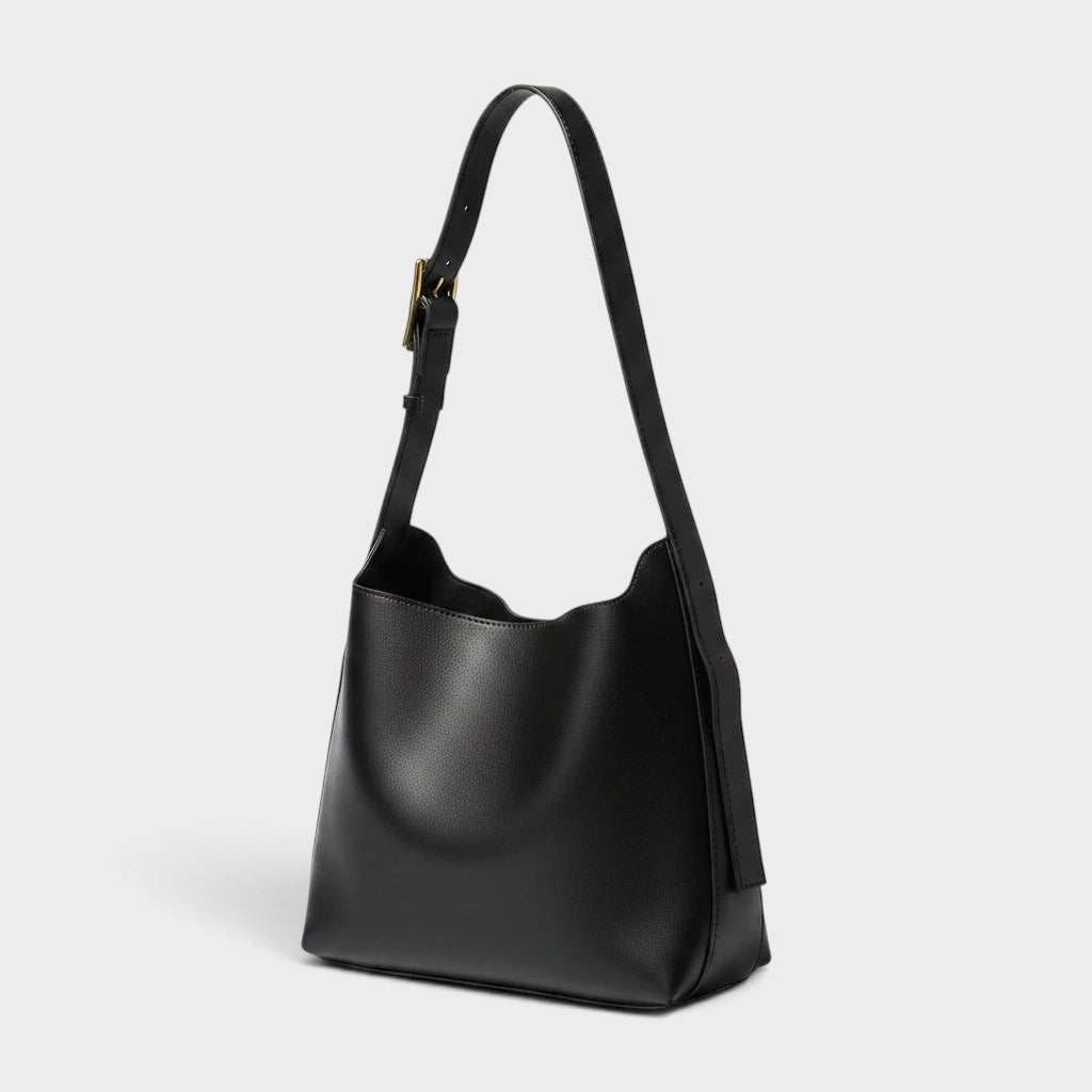 VALENORA Ember black vegan leather tote bag with a minimalist design and adjustable shoulder strap