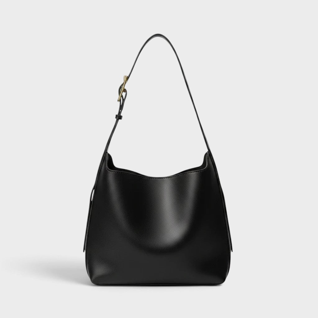 VALENORA Ember black vegan leather tote bag with a minimalist design and adjustable shoulder strap