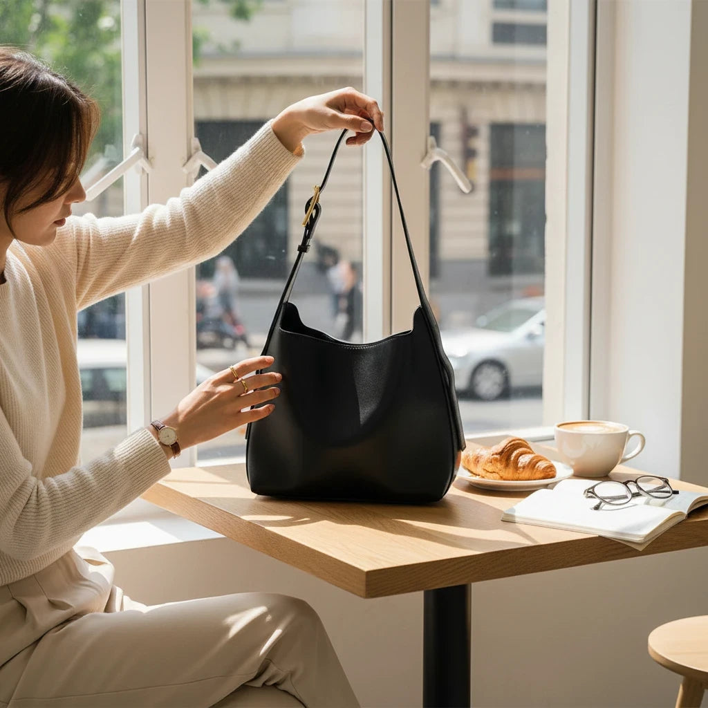 VALENORA Ember black vegan leather tote bag held by a woman sitting at a cafe table by a window.