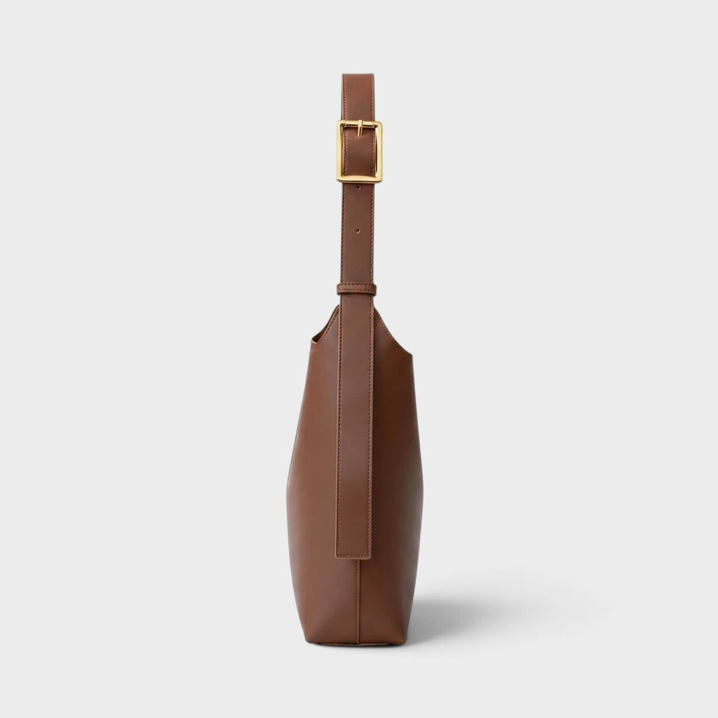 VALENORA Ember dark brown vegan leather tote bag with a minimalist design and adjustable shoulder strap side view