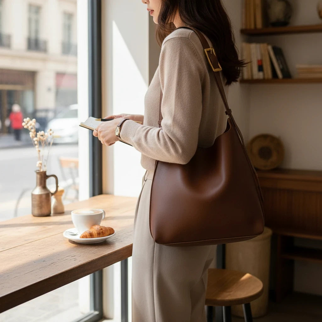 VALENORA Ember dark brown vegan leather tote bag worn over the shoulder by a woman in a cafe setting