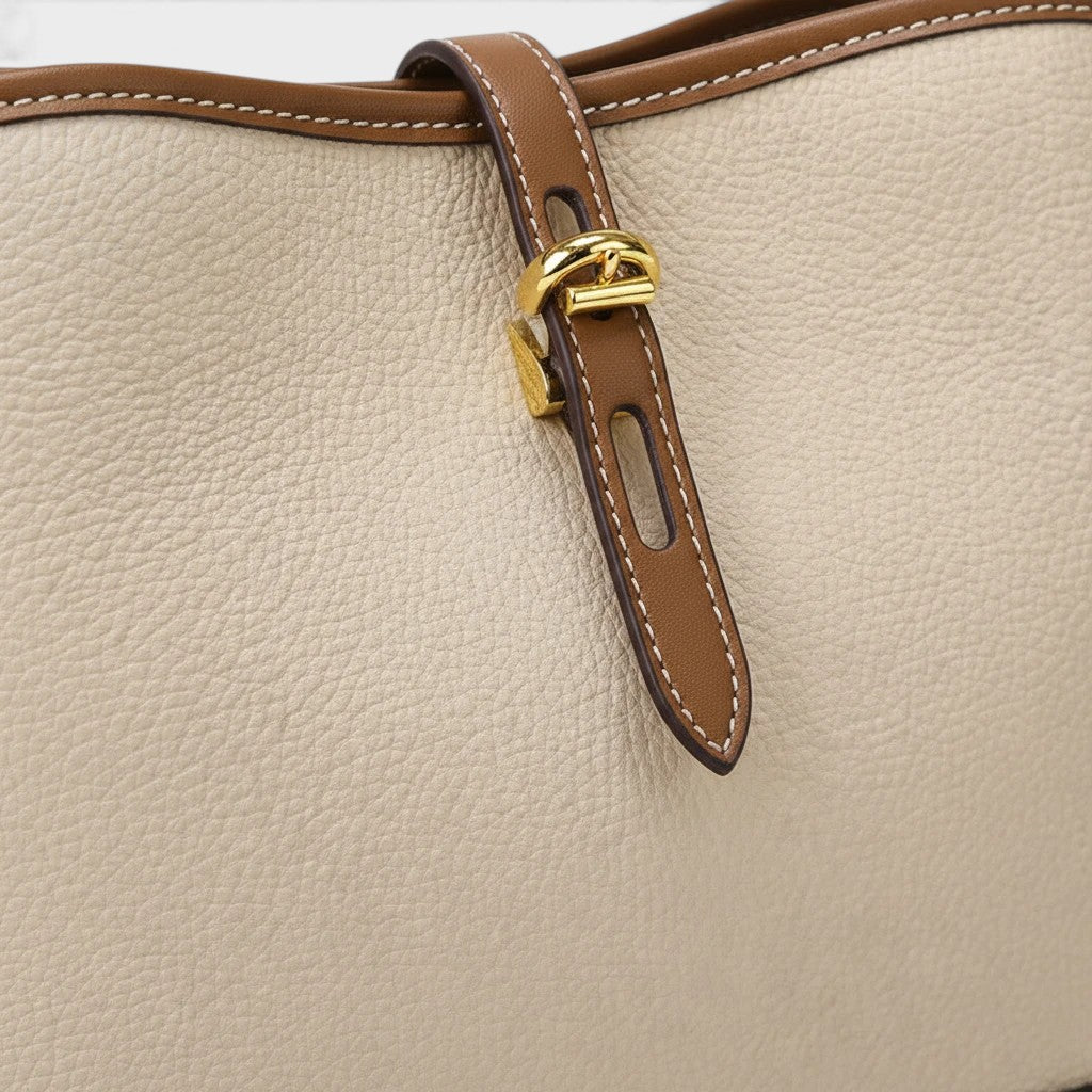 VALENORA Estelle beige vegan leather shoulder bag with brown trim and gold buckle detail