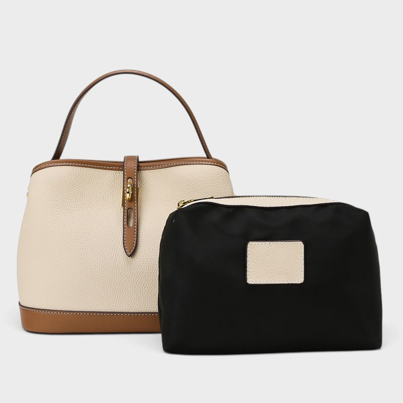VALENORA Estelle shoulder bag in beige vegan leather with brown trim and a matching black polyester pouch