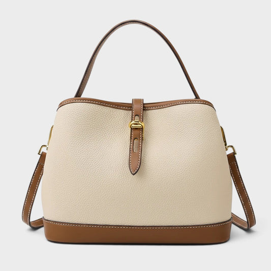 VALENORA Estelle shoulder bag in beige vegan leather with brown trim, gold buckle detail, and polyester lining.